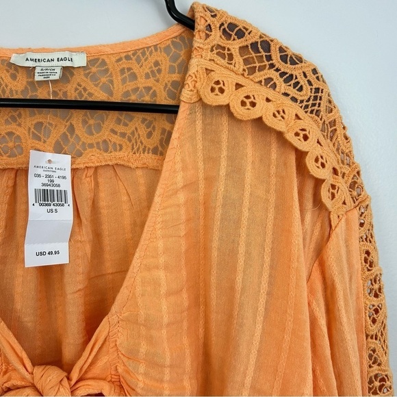 NWT American Eagle Sherbet Orange Crochet Cropped Ruffle Tie Blouse Size Small - Picture 4 of 9
